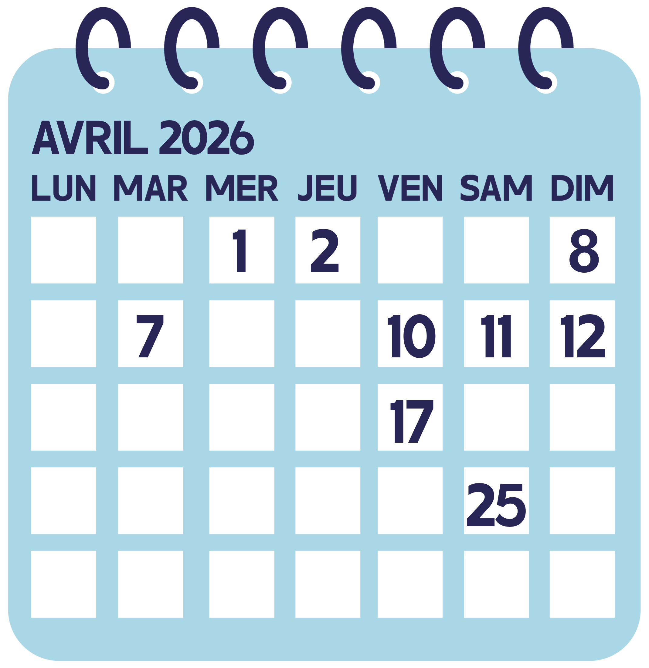 Calendrier newsletter avril 2026