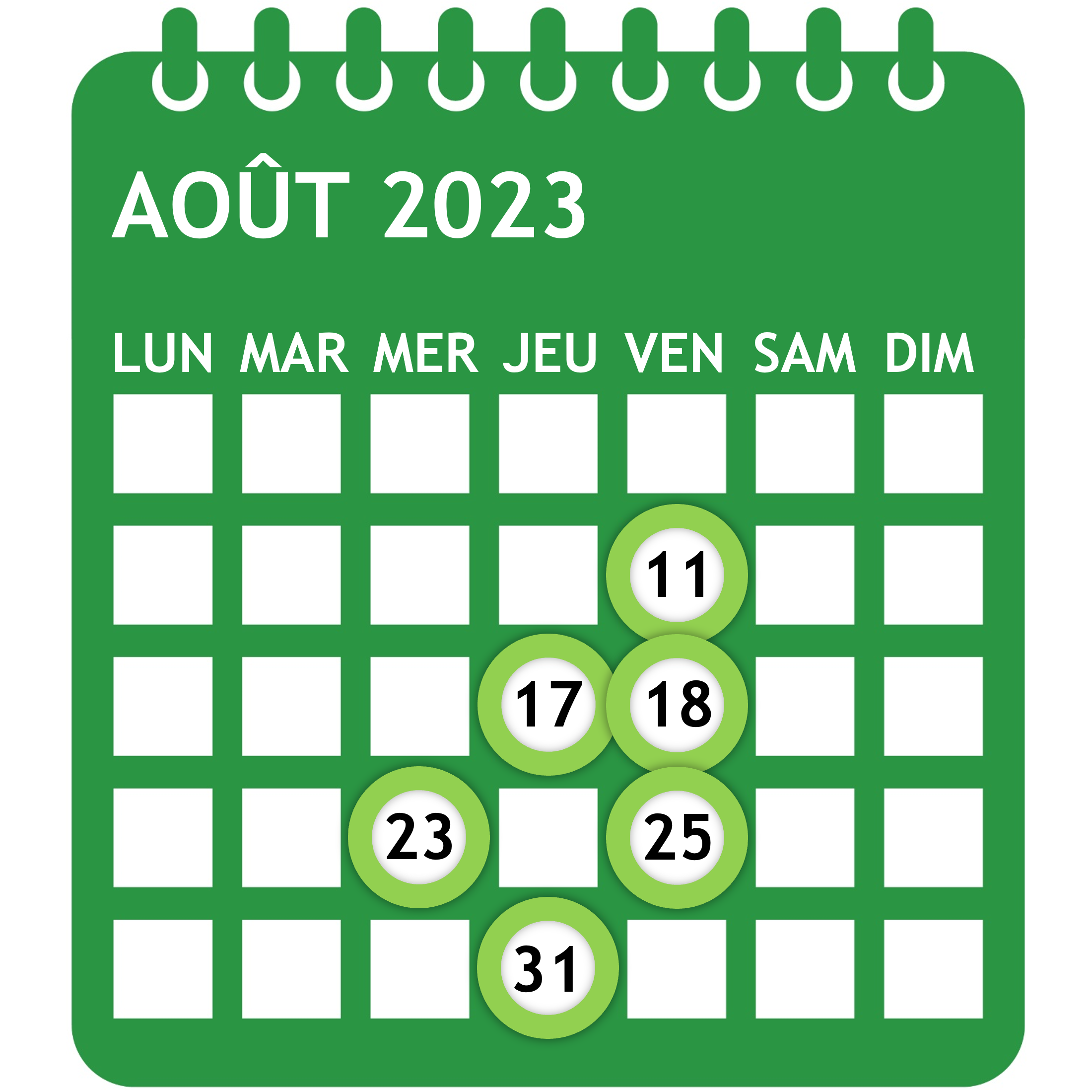 Calendrier des événements à venir en août 2023