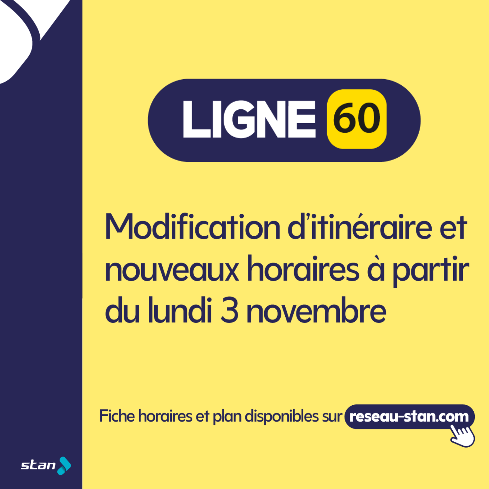 Ligne 60 : modifications d'itinéraire et nouveaux horaires à partir du lundi 3 novembre