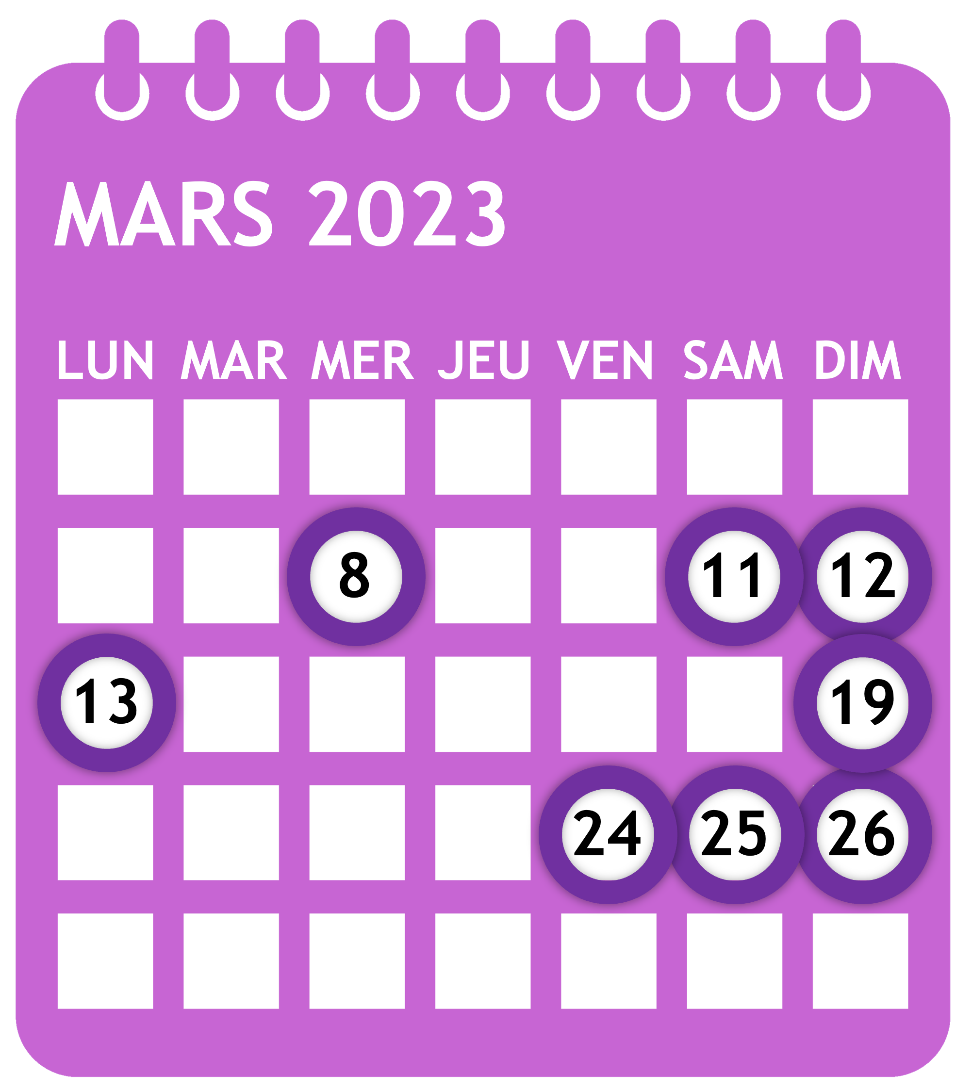 Calendrier des événements à venir en mars 2023