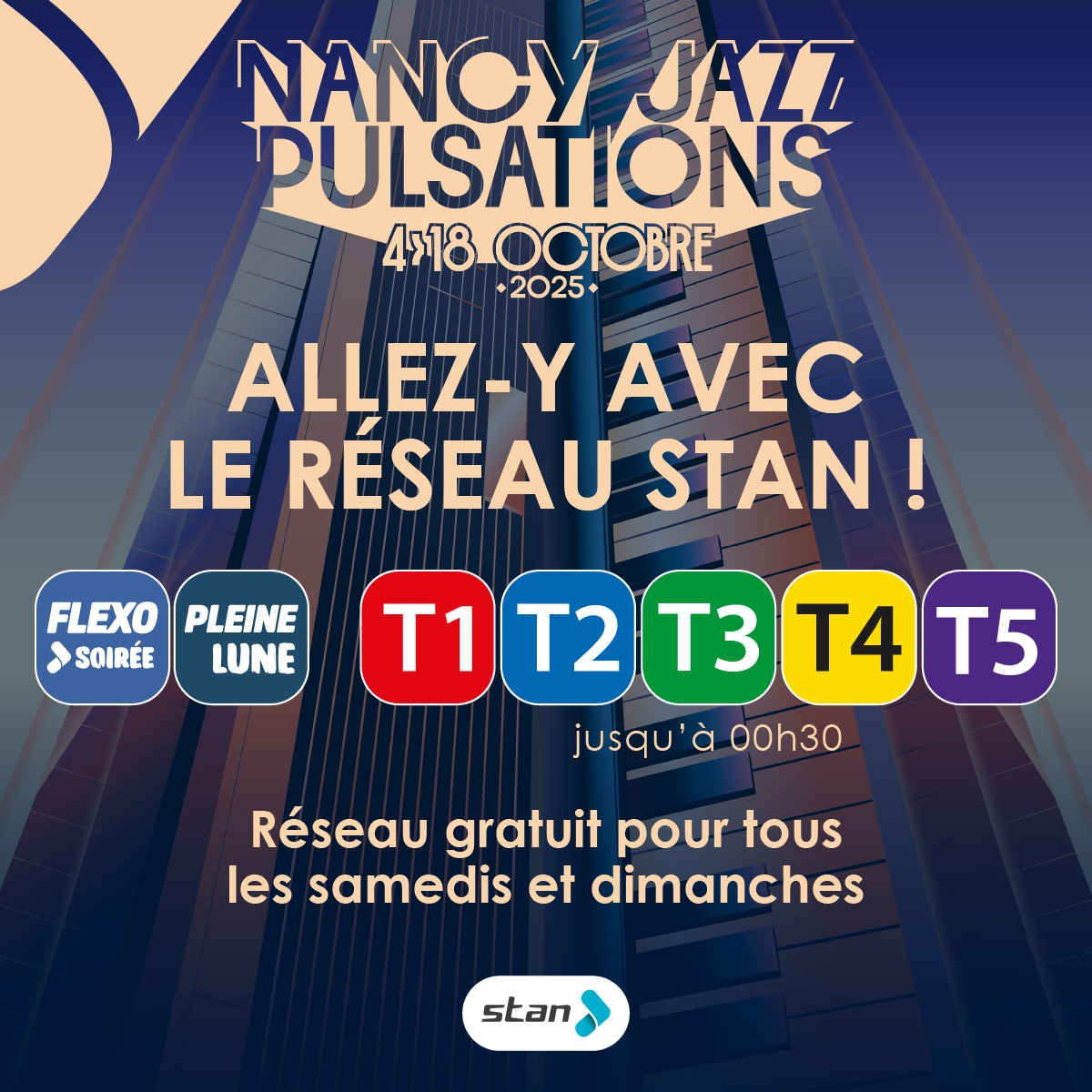 Nancy Jazz Pulsations : allez-y avec le réseau Stan. Réseau gratuit pour tous les samedis et dimanches