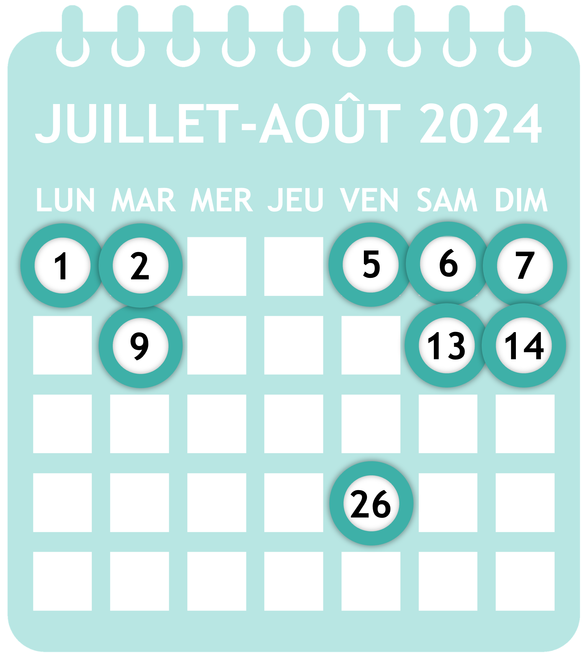 Calendrier juillet-août 2024