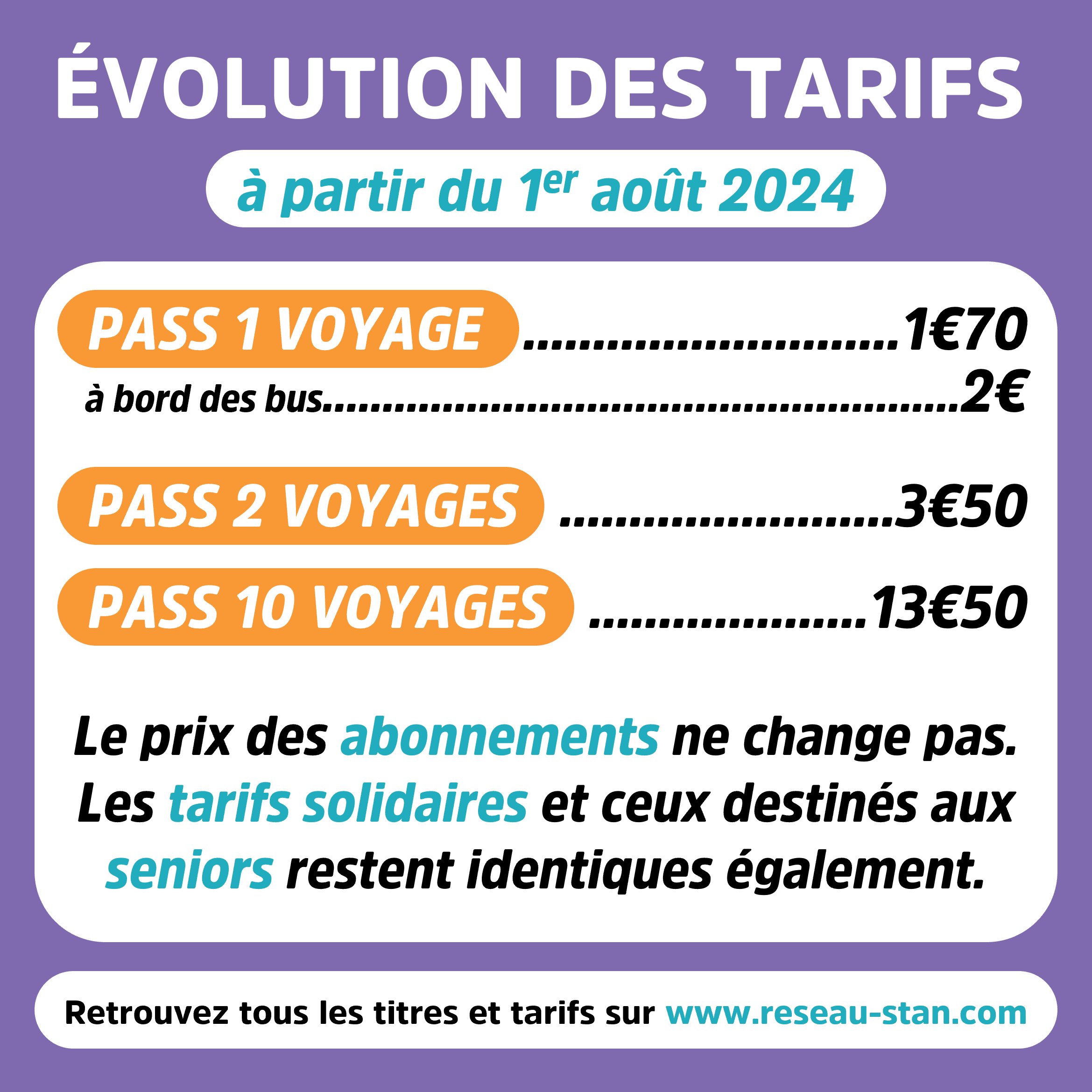 Evolution des tarifs à partir du 1er août 2024 - Le prix des abonnements ne change pas. Les tarifs solidaires et ceux destinés aux seniors restent identiques également. 