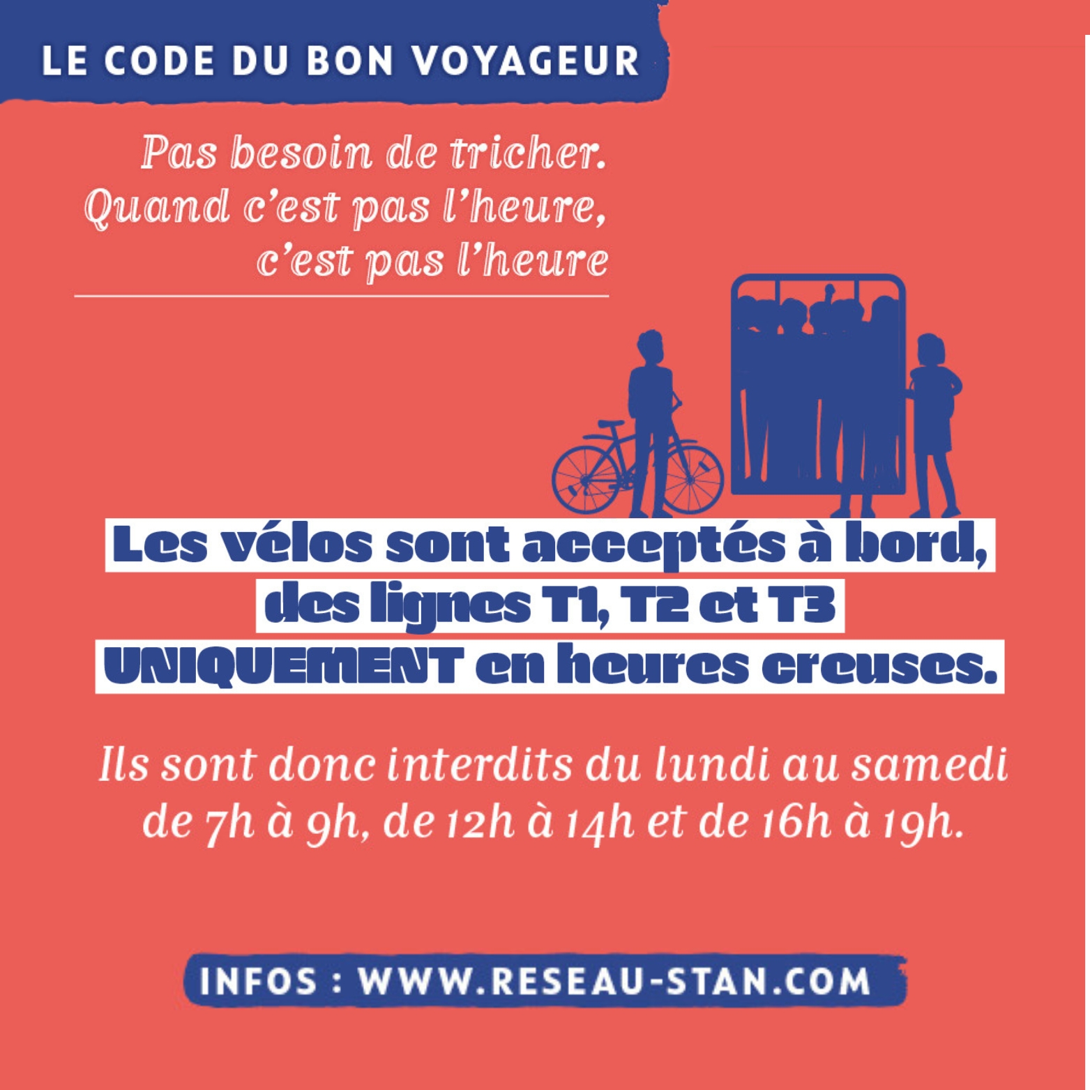 Vélos - Acceptés à bord uniquement sur les lignes T1, T2, T3 en heures creuses